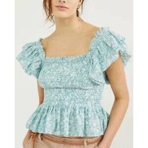 Anthropologie Love The Label Cottage Core Smocked Flutter Sleeve Ruffle Peplum T